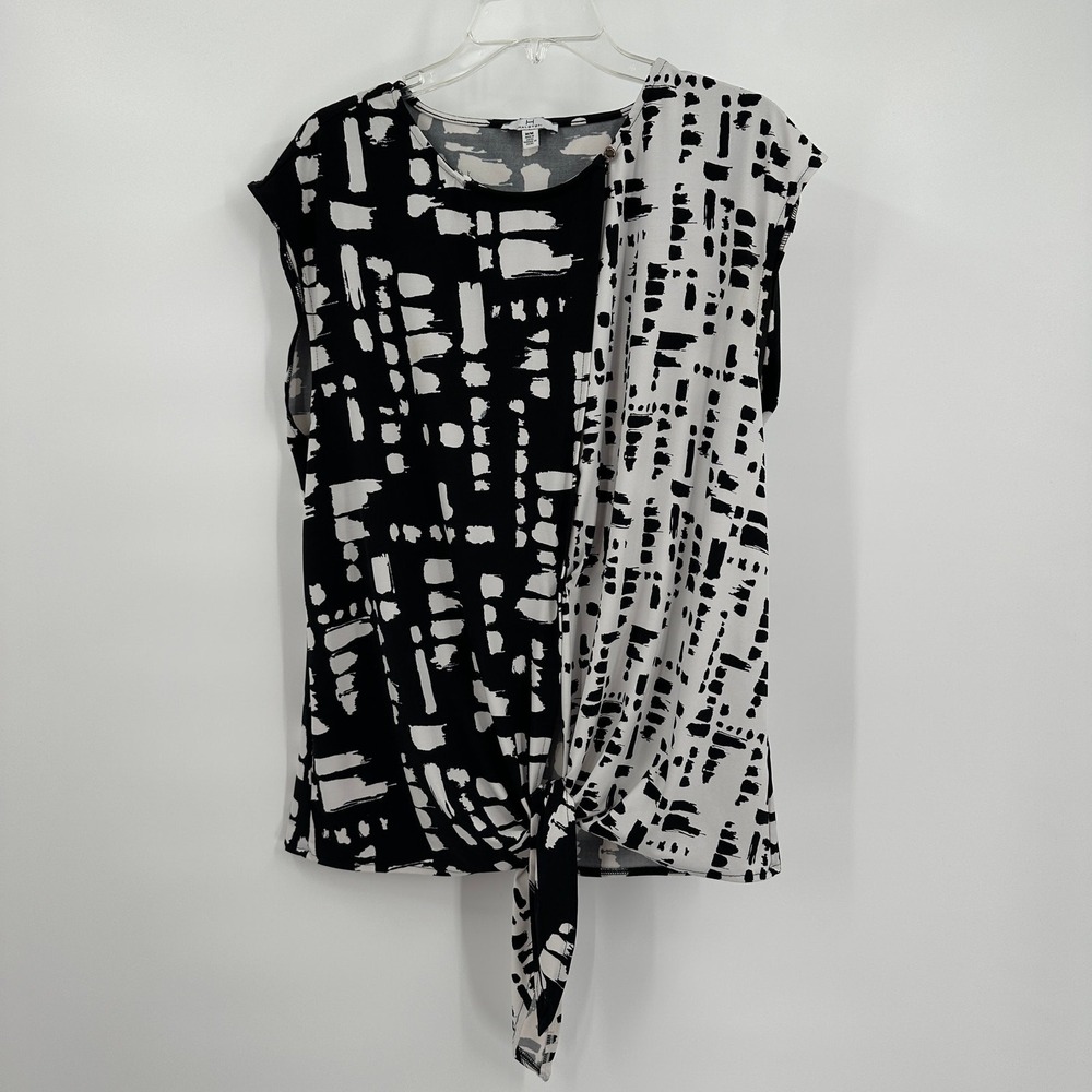 H Halston Womens Art Deco Monochrome Abstract Top Size M Bold Maximalist